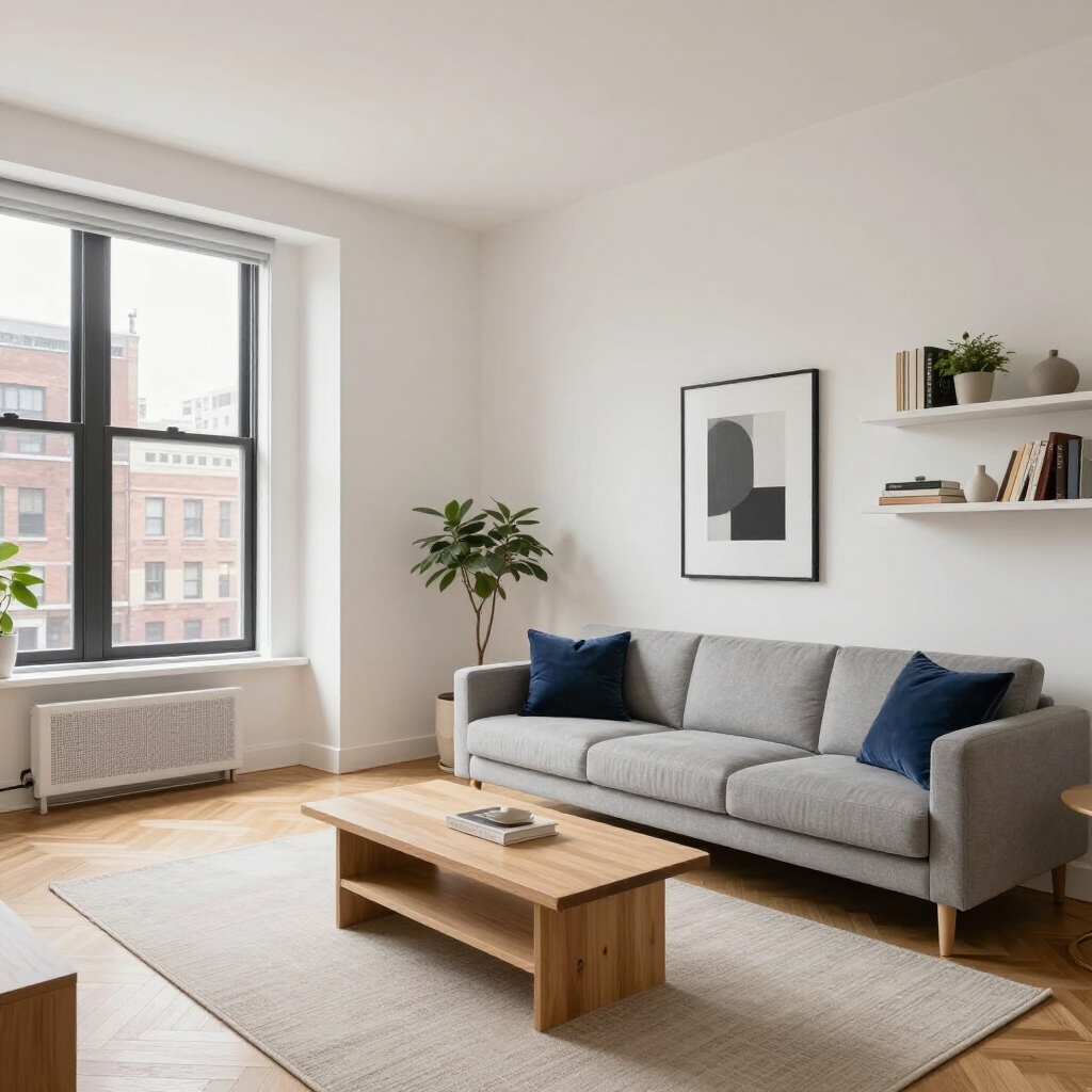 Bright modern living room with gray sofa, wooden coffee table, wall art, plants, and a large window
