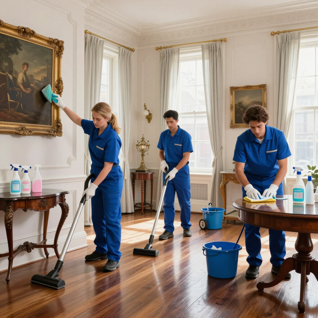 Three cleaners in blue uniforms dust and mop a polished room with antique furniture and framed paintings.