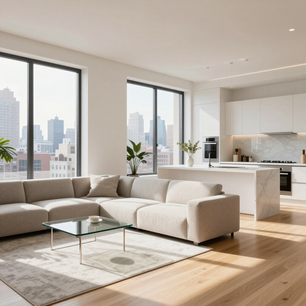 Modern bright living room with beige sectional, glass coffee table, and city view through large windows