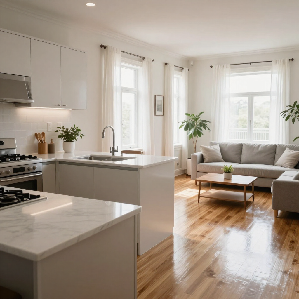 Bright modern kitchen and living room with white cabinets, marble island, and beige sofa by sunlit windows