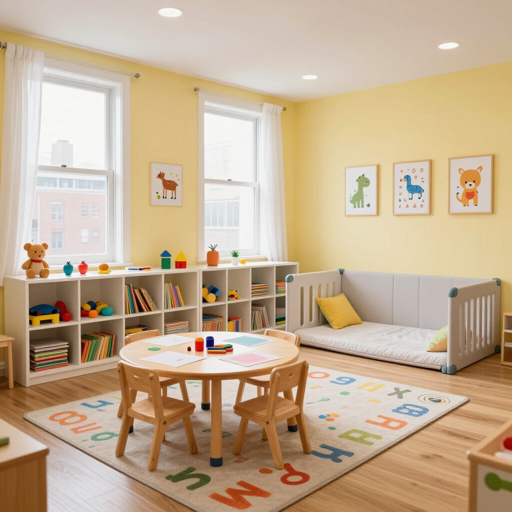 Bright preschool playroom with toys, shelves, a small table, rug, and a cozy window seat
