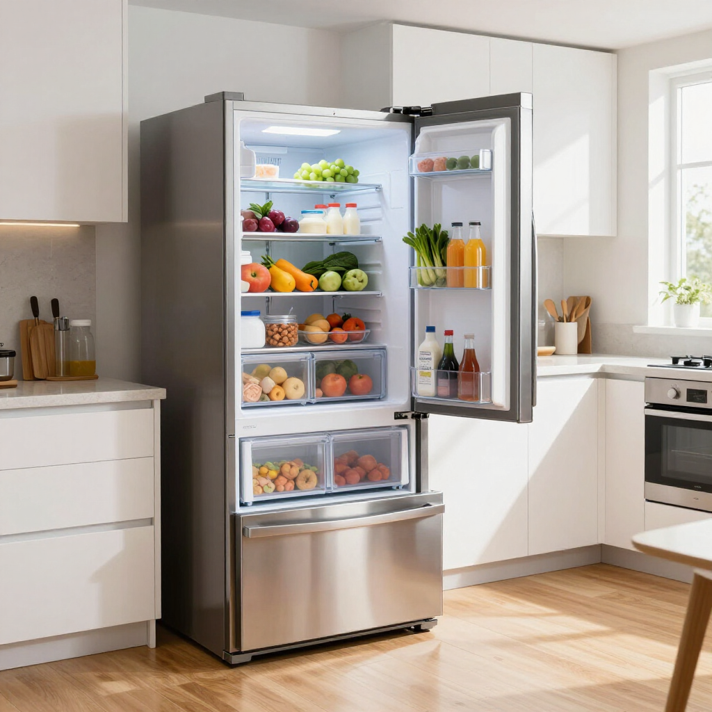 Open refrigerator filled with fruits, vegetables, and bottles in a bright modern kitchen.