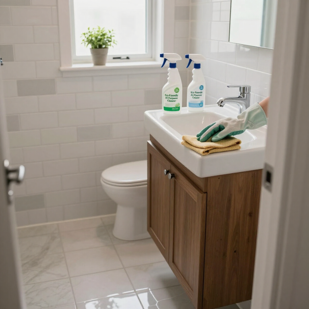 Bright bathroom with a wooden vanity, cleaning sprays, gloves, and a cloth on the sink counter.