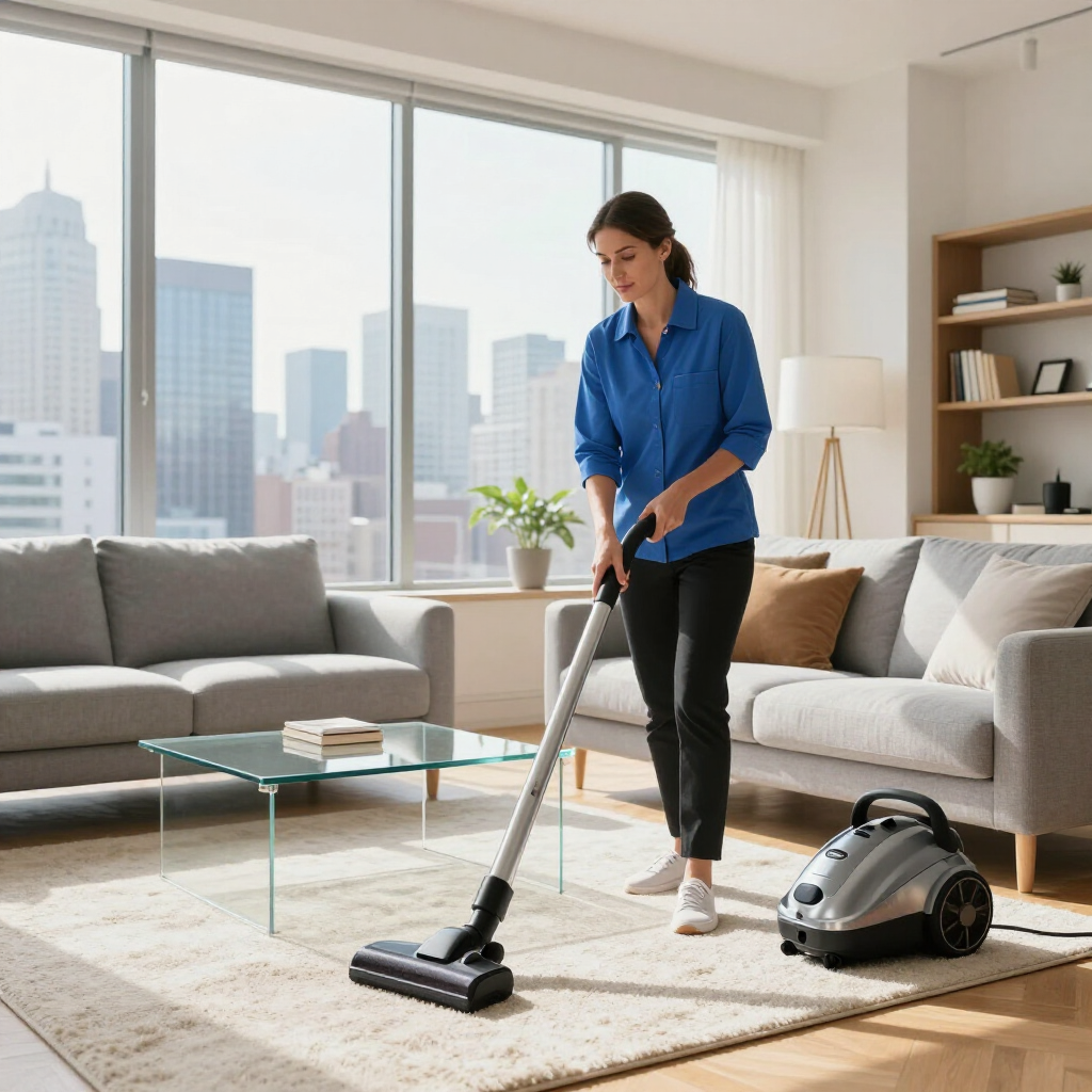 Woman vacuuming a bright living room with a city skyline view