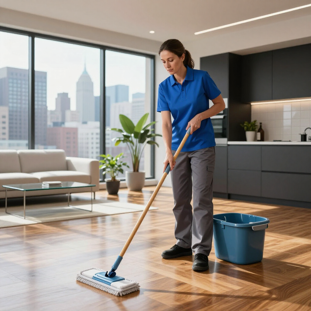 Person mopping a modern apartment floor beside a blue bucket with city view windows