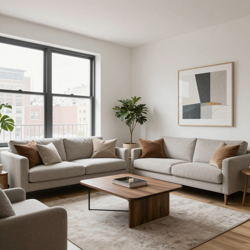 Modern living room with beige sofas, wooden coffee table, large windows, and abstract wall art.