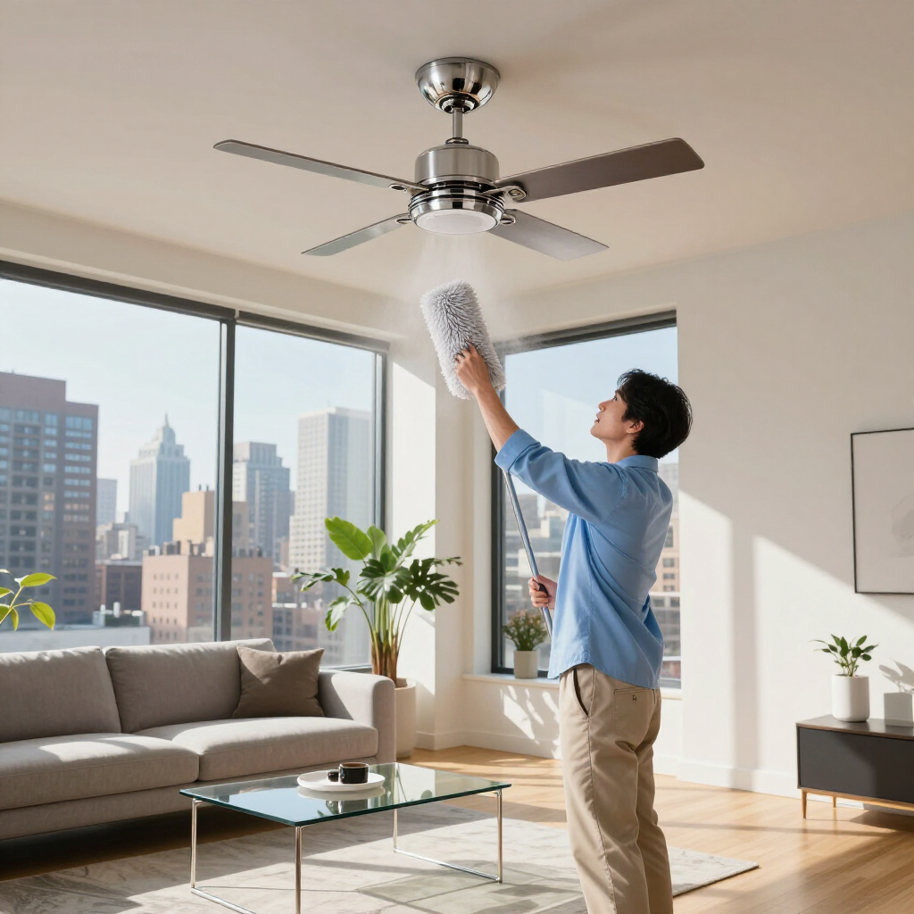 Person cleaning a ceiling fan in a bright living room with a city view.
