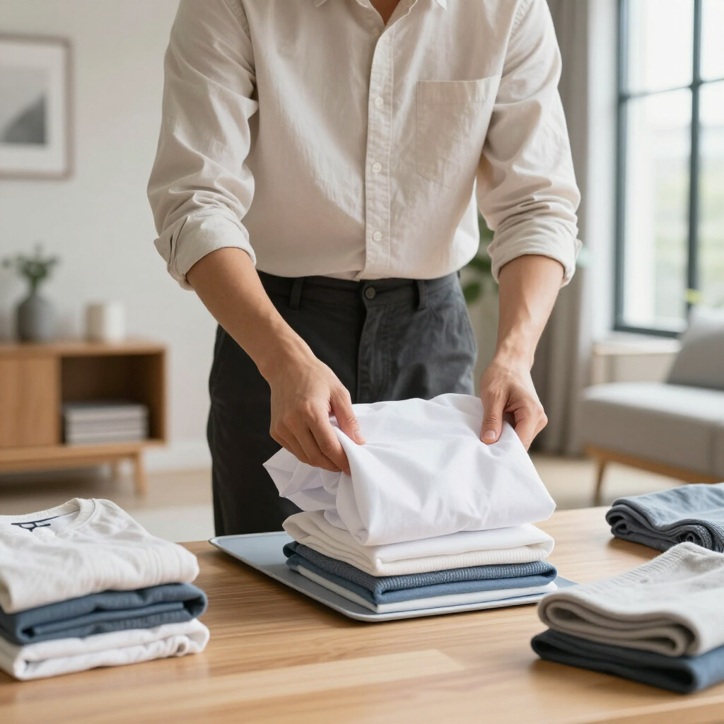 Person folding white clothes on a table in a bright laundry room