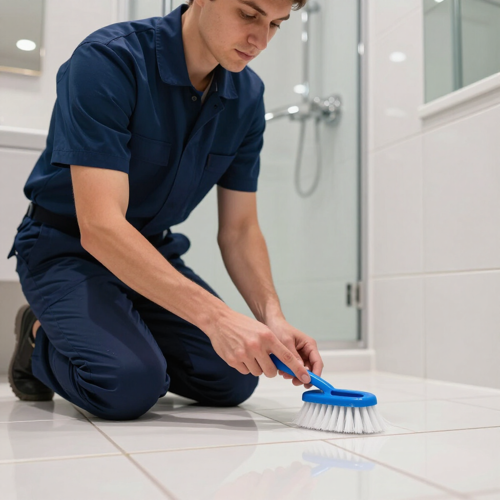 Person in navy uniform kneeling on bathroom tile, scrubbing the floor with a blue brush.