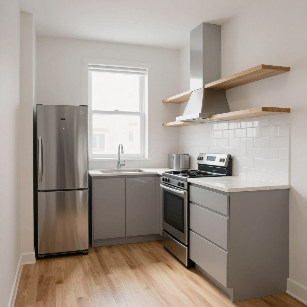 Modern kitchen with stainless steel appliances, gray cabinets, wood shelves, and a window over the sink