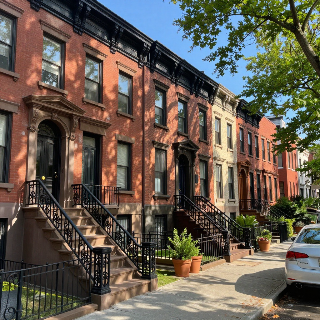 Row of red-brick townhouses with black stoops on a leafy residential street, parked cars along the curb