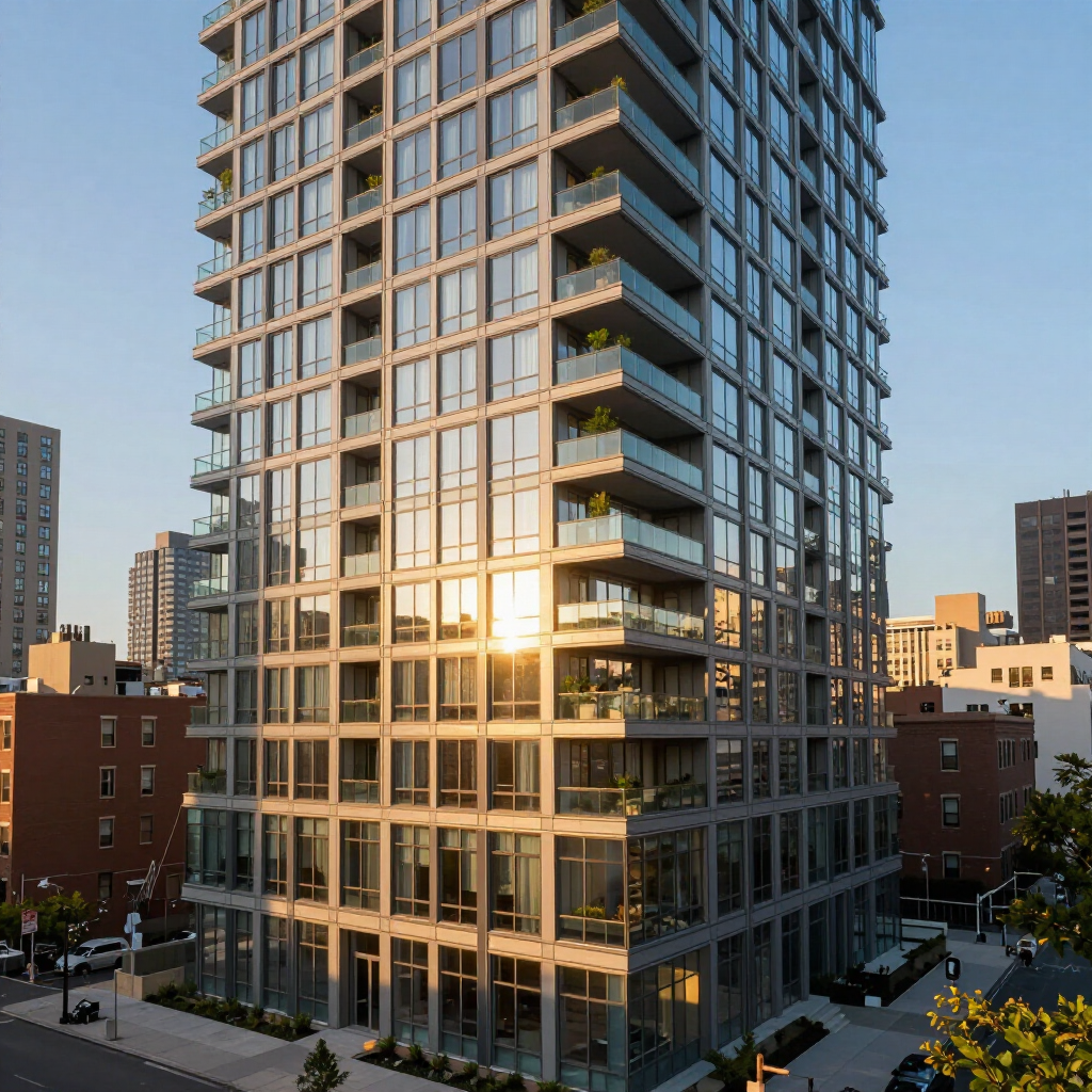Modern glass high-rise at sunset, reflecting warm light in an urban neighborhood