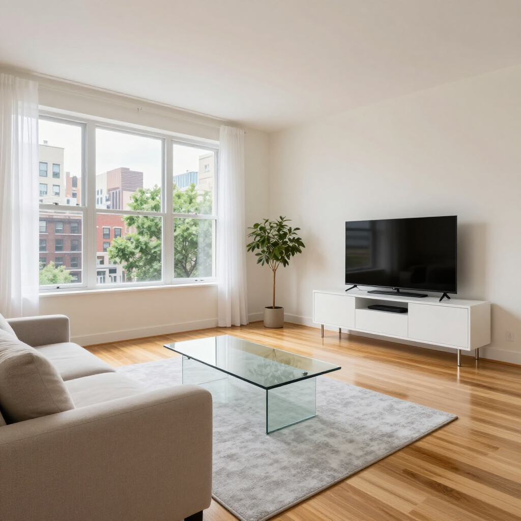 Bright living room with sofa, glass coffee table, TV, potted plant, and large window with city view