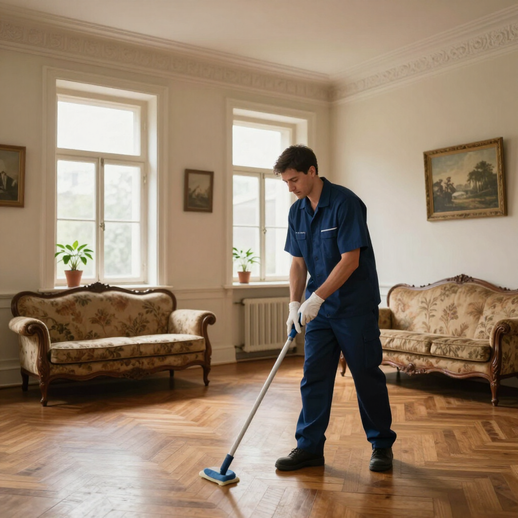 Cleaner mopping a polished wooden floor in a bright, elegant living room
