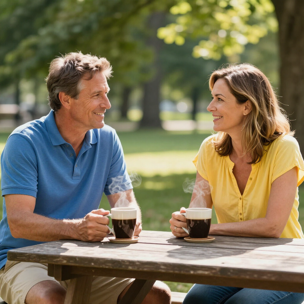 Two people smiling and chatting at a park picnic table with coffee mugs