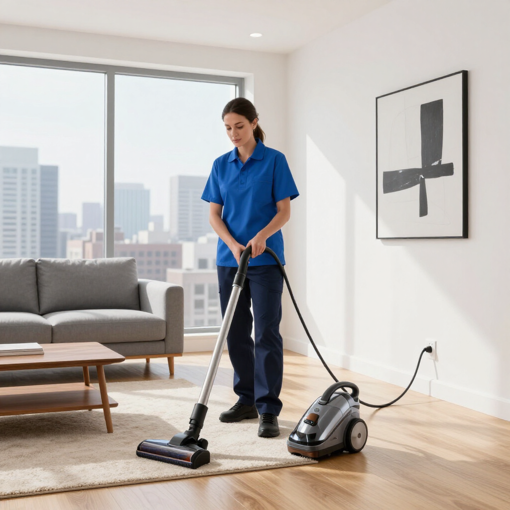 Person vacuuming a bright living room with a cordless upright and canister vacuum