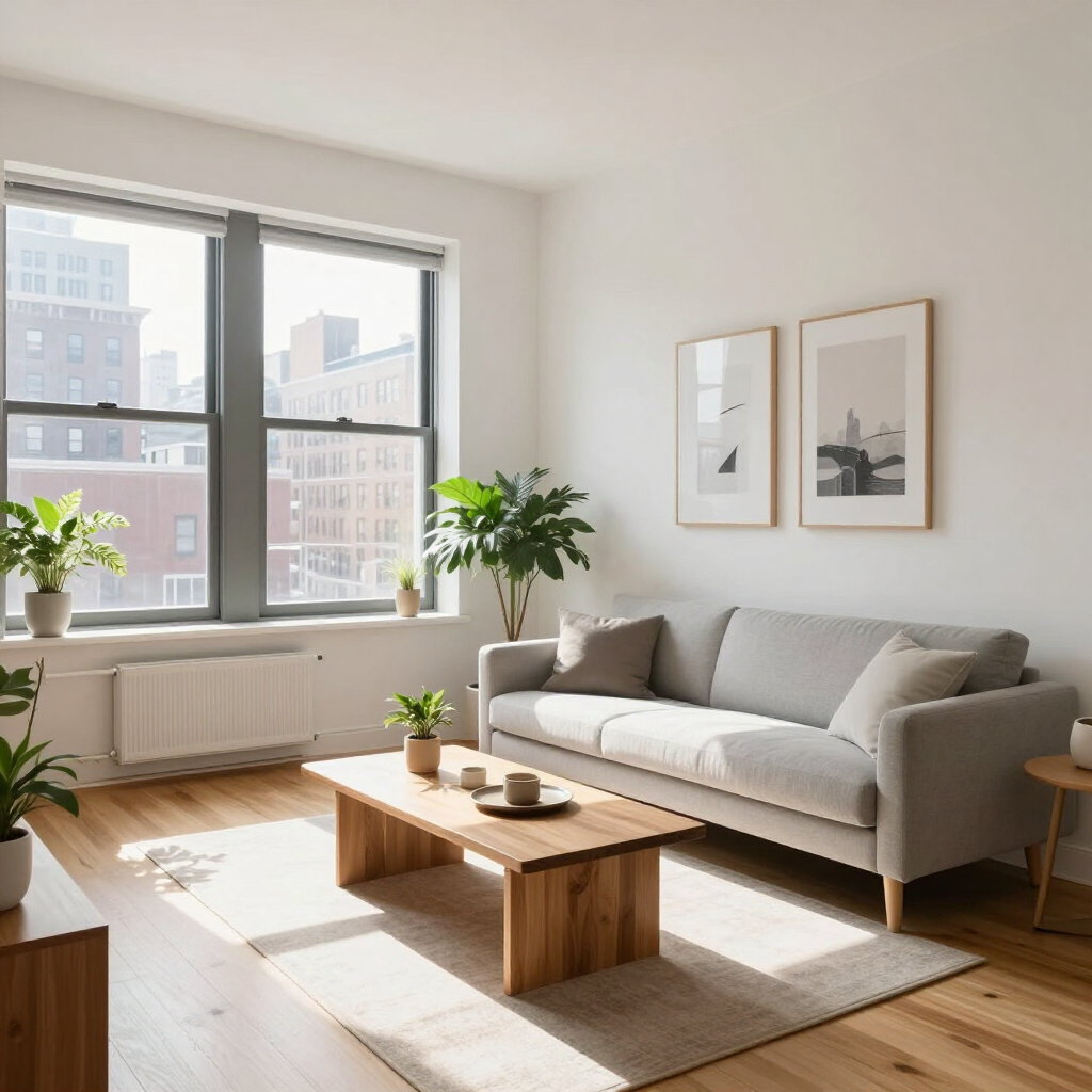 Bright living room with gray sofa, wooden coffee table, large window, potted plants, and framed wall art