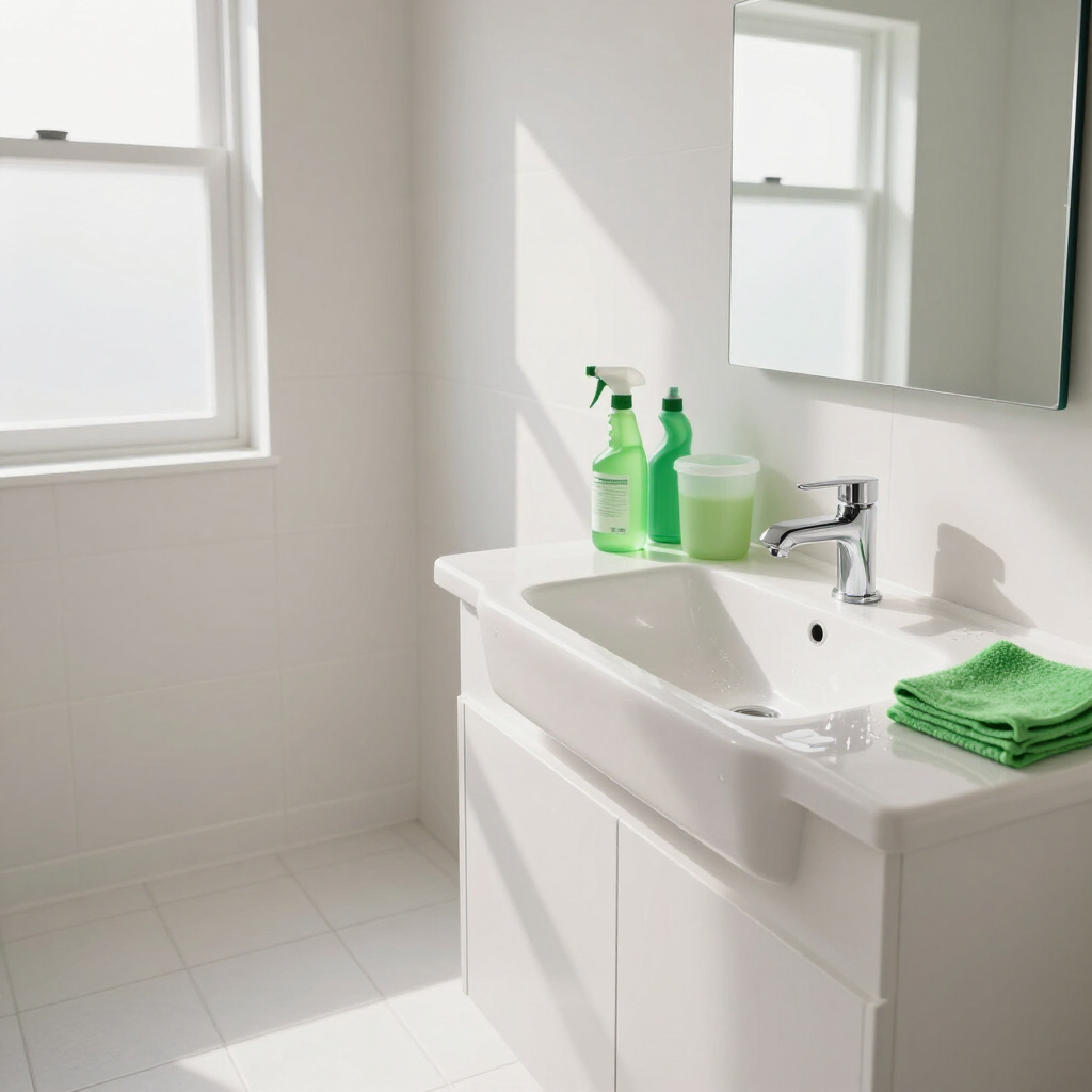 Bright bathroom with white sink, mirror, windows, and green cleaning bottles and cloths.