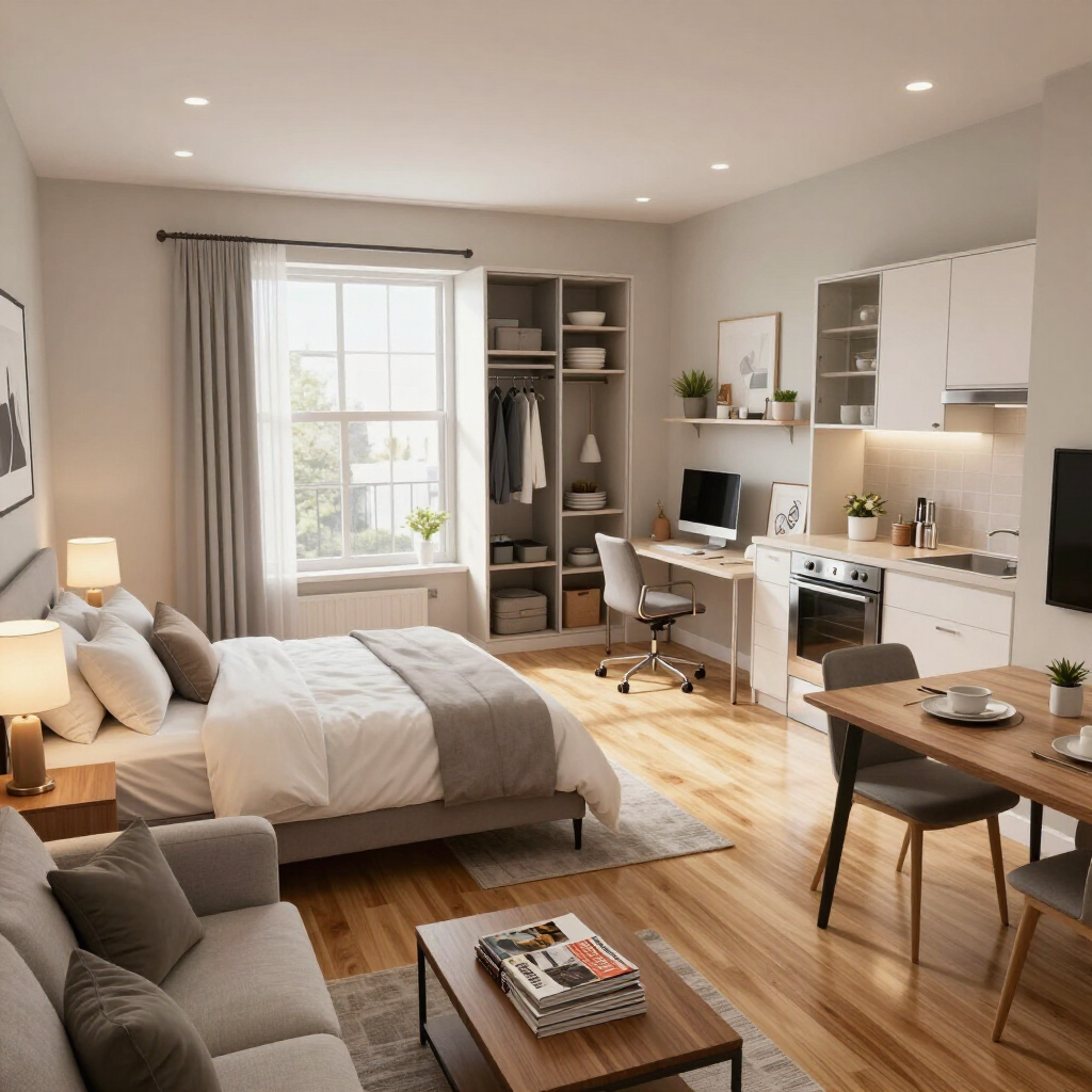Cozy modern bedroom with a desk, sofa, wood floors, and soft neutral decor, lit by a large window