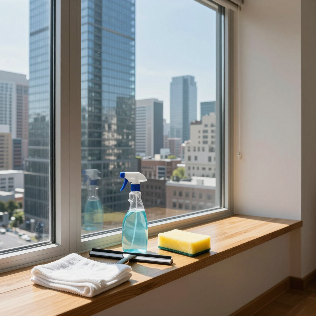 Cleaning supplies on a sunny windowsill overlooking city buildings.