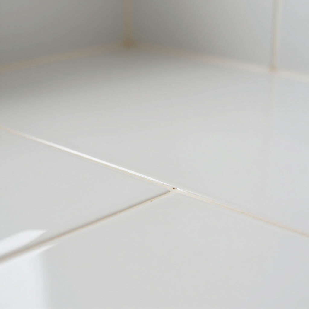 White ceramic tiled corner with visible grout lines and a small crack along one tile seam