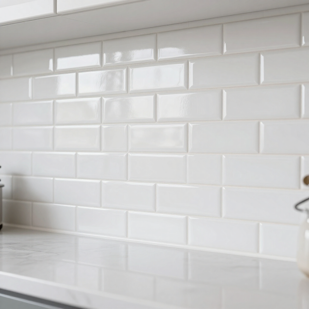 White kitchen backsplash with glossy subway tiles and a light countertop
