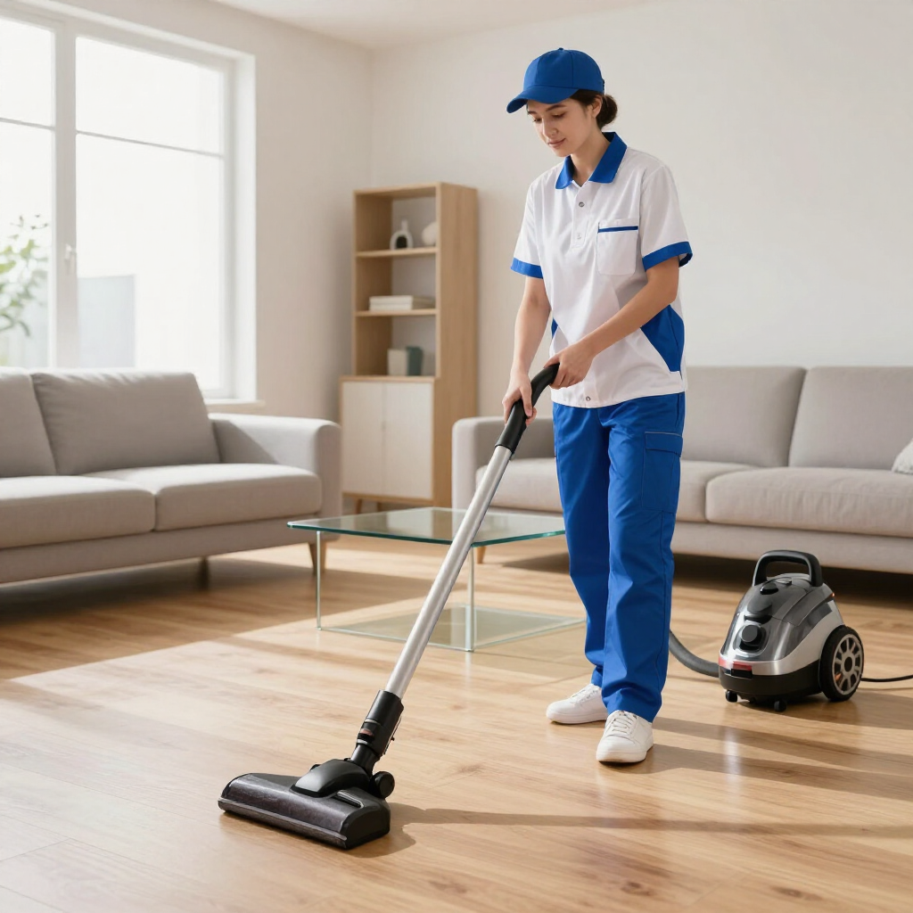 Cleaner vacuuming a bright living room with a canister vacuum and wooden floors