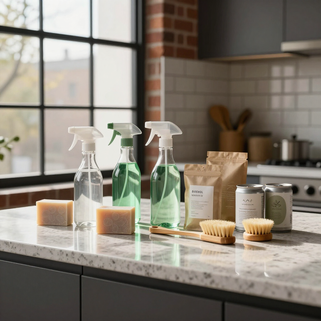 Cleaning supplies on a sunlit kitchen counter with spray bottles, sponges, brushes, and paper products