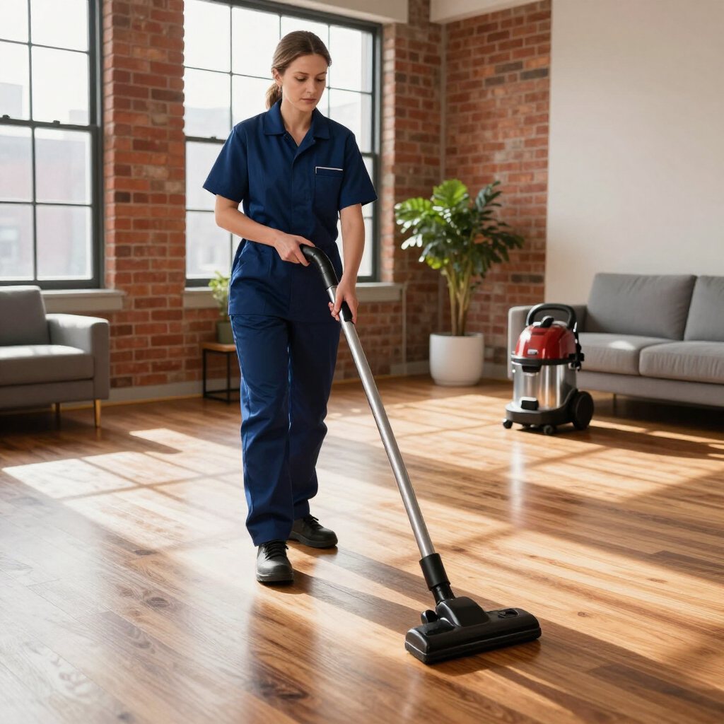 Person vacuuming a hardwood floor in a bright living room with brick walls and large windows