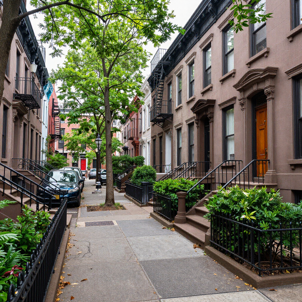 Tree-lined residential sidewalk with brownstone row houses and black iron railings on a quiet city street