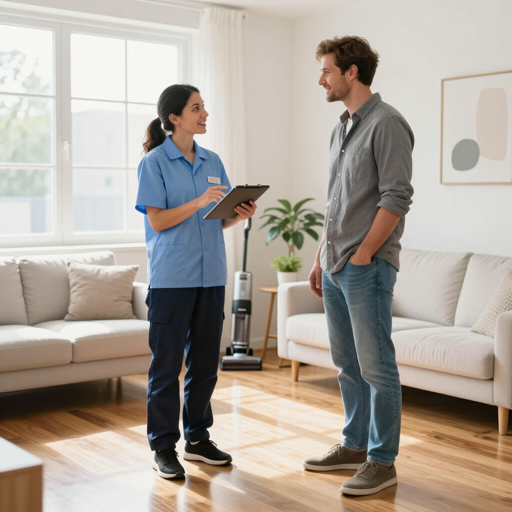 Two people talking in a bright living room, one holding a tablet.