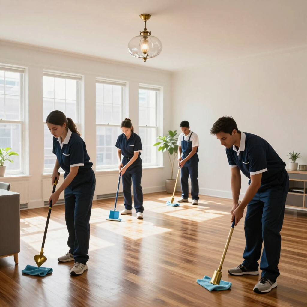 Four people mopping a bright empty room with hardwood floors and large windows