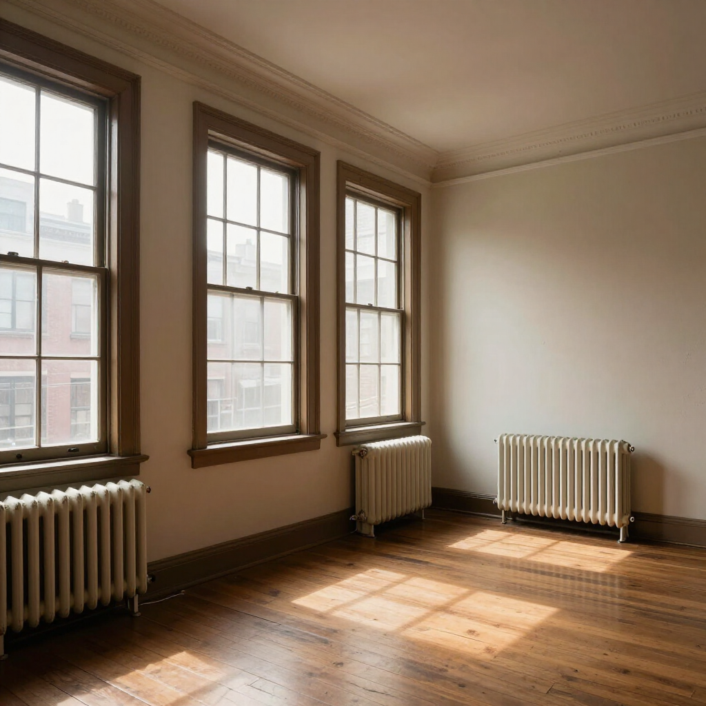 Sunlit empty room with three tall windows, hardwood floors, and radiators along the wall