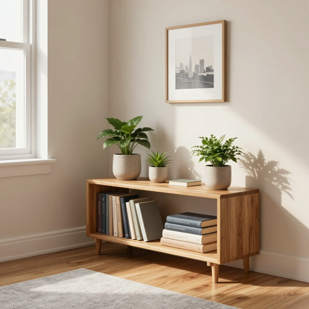 Wooden shelf with books and potted plants beneath framed art in a bright, minimalist room