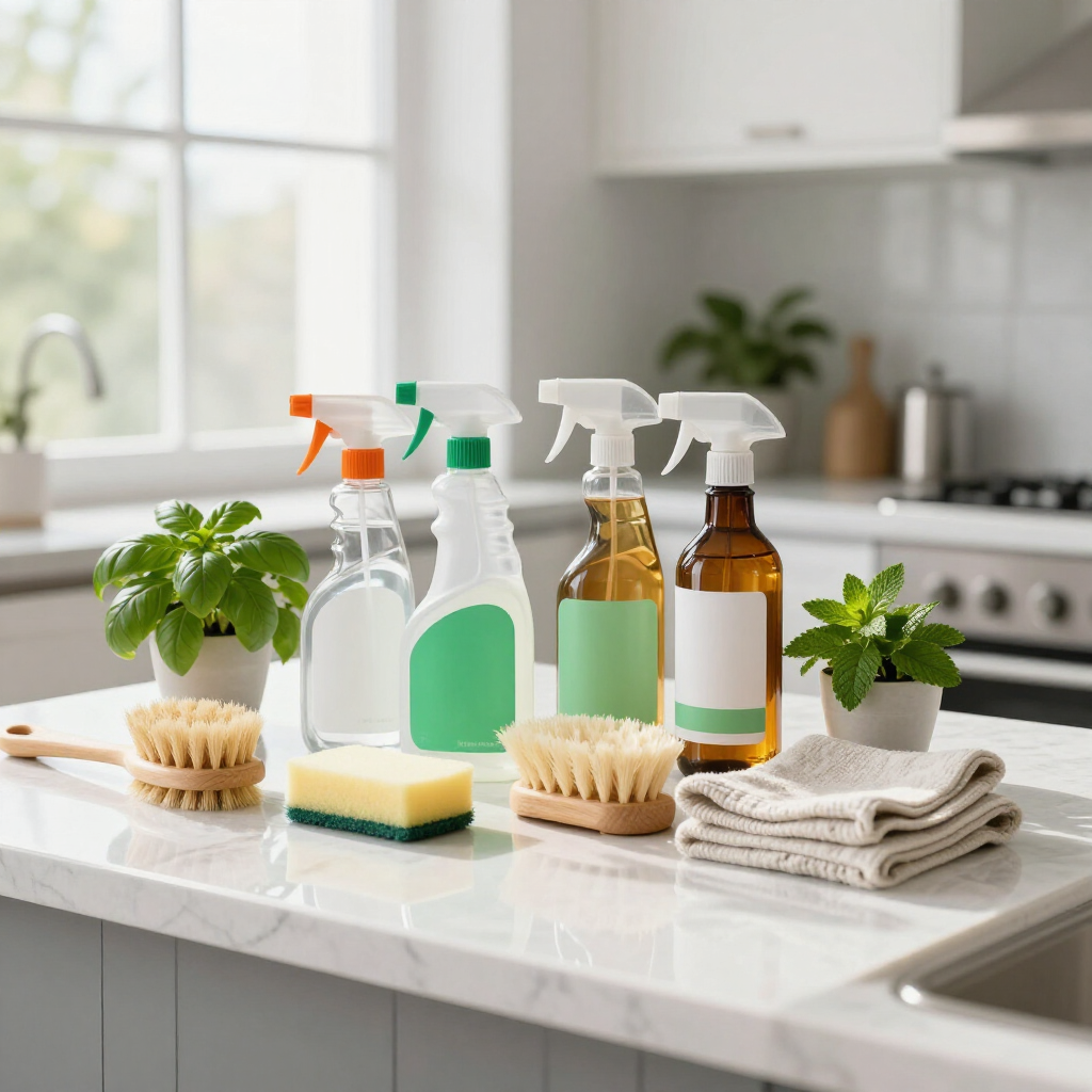 Cleaning supplies and sponges arranged on a bright kitchen counter by a sink and window.