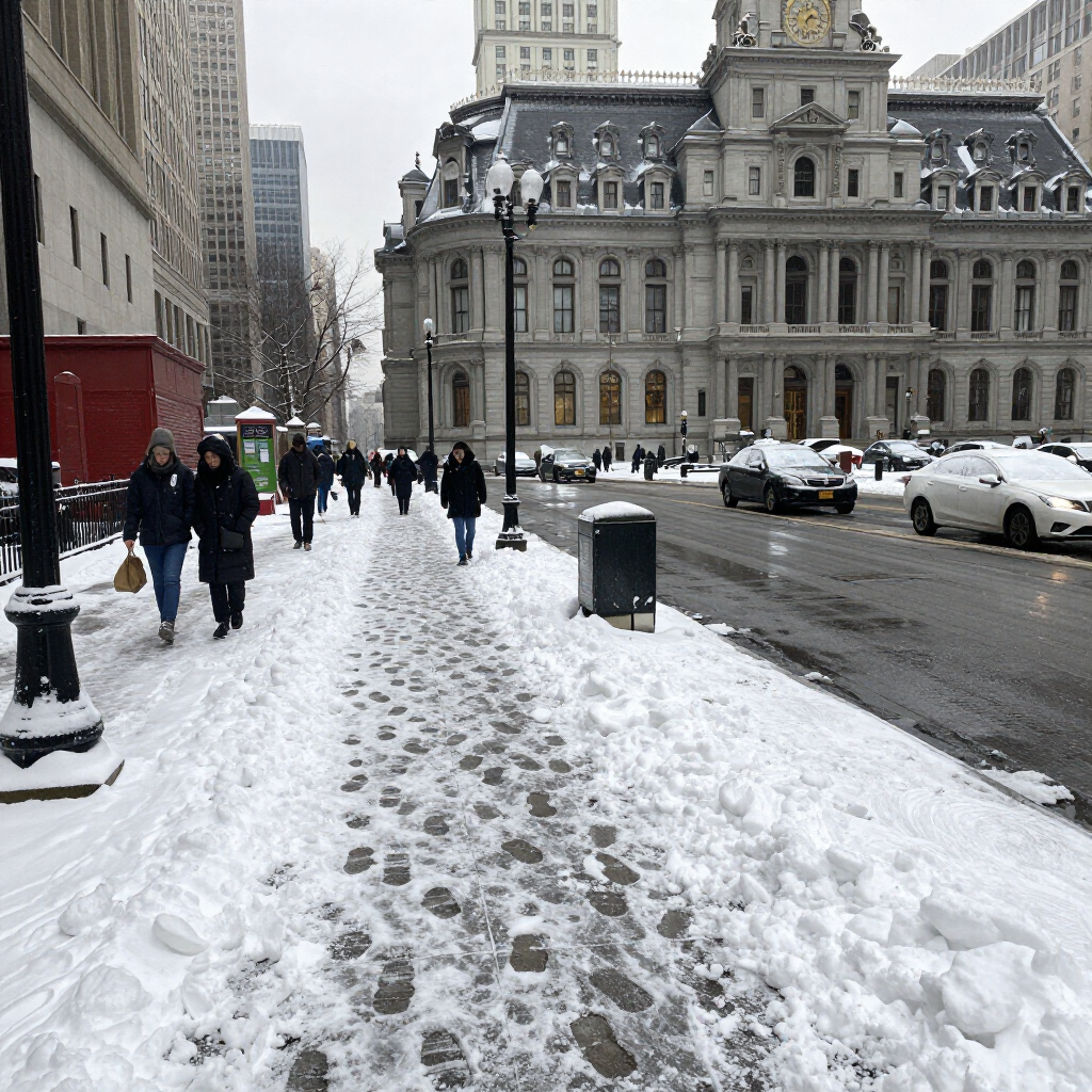 Snow-covered city sidewalk with pedestrians beside historic buildings and parked cars on a gray winter day