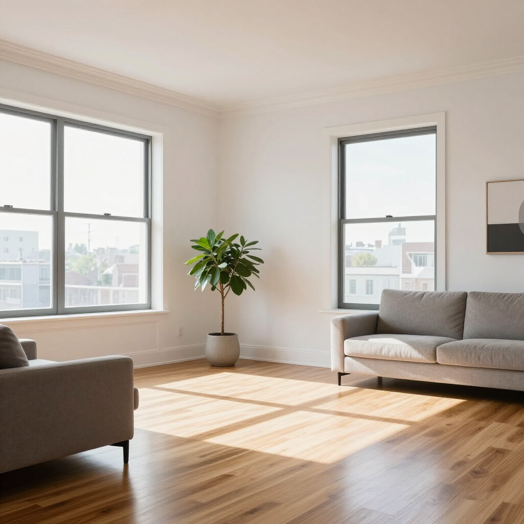 Bright living room with large windows, gray sofa, and a potted plant in sunlight