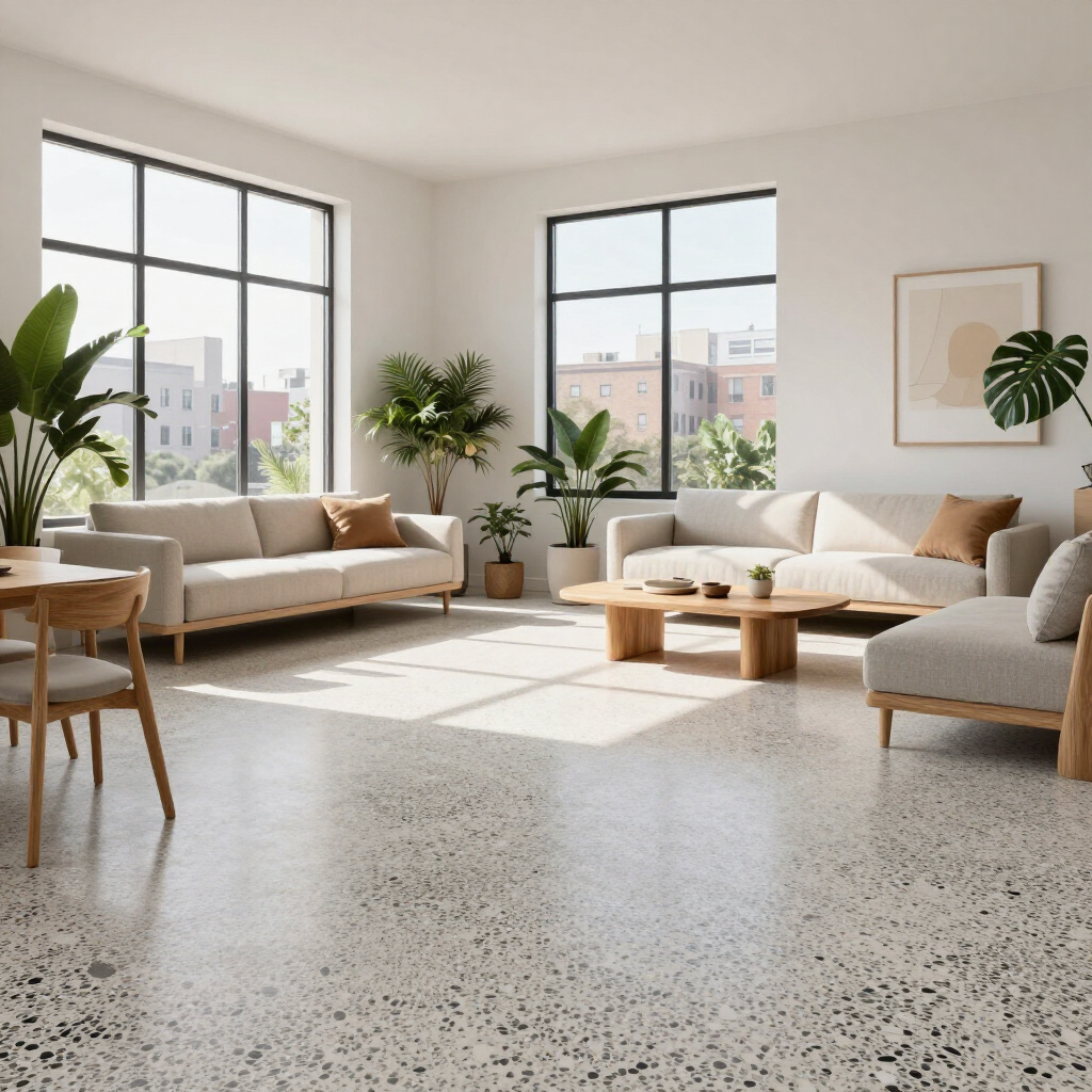 Bright modern living room with beige sofas, large windows, potted plants, and sunlight on terrazzo floor