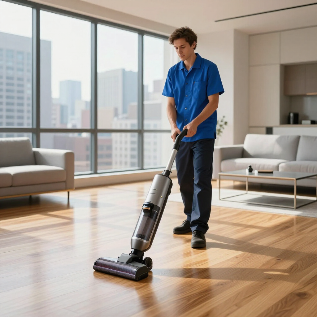 Person vacuuming a sunlit living room with large windows and modern furniture