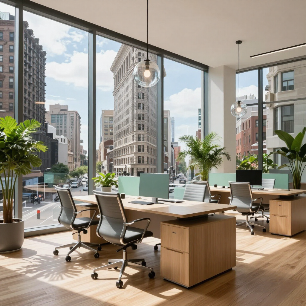 Modern office with large windows, wooden desks, swivel chairs, and city skyline views.