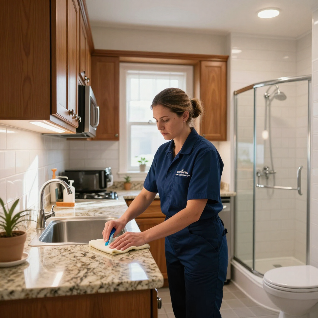 Housekeeper wiping a kitchen counter in a bright home with wood cabinets and a glass shower in view