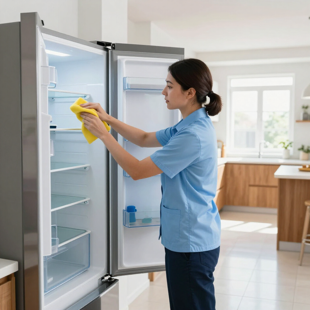 Person in a blue uniform cleaning an open refrigerator with a yellow cloth in a bright kitchen.