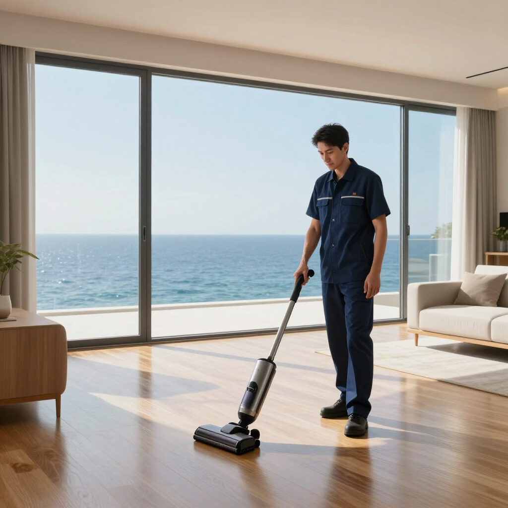 Man vacuuming a sunlit hardwood floor in a modern room with ocean views through large windows