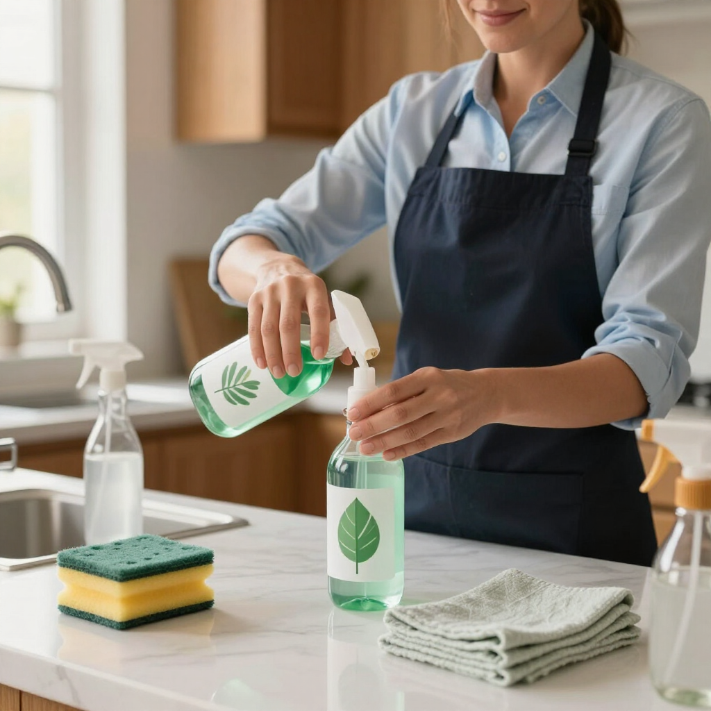Person pouring cleaner into a spray bottle in a kitchen, with cleaning supplies on the counter.