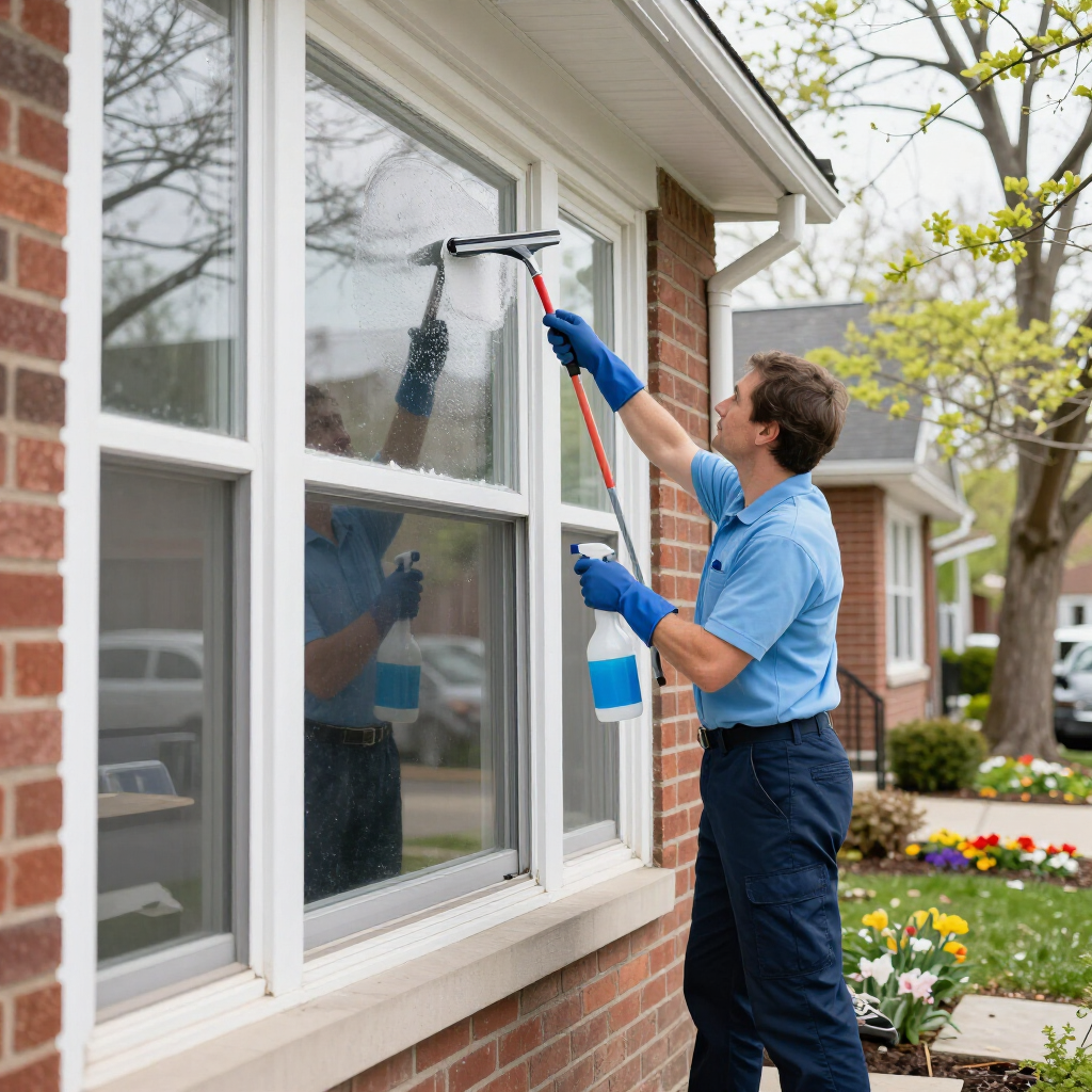 Person washing a window with a squeegee and spray bottle beside a brick house