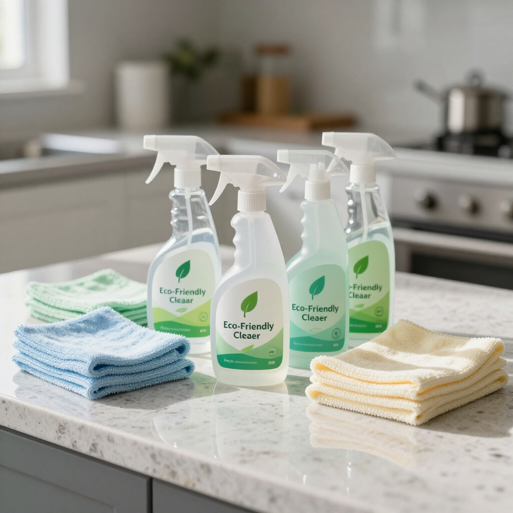 Cleaning spray bottles and folded microfiber cloths on a kitchen countertop