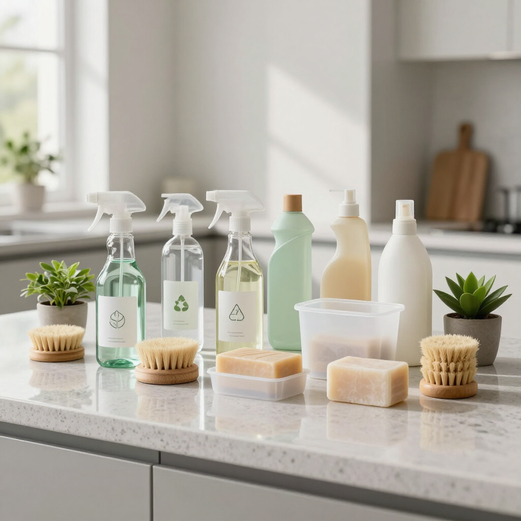 Kitchen countertop with eco-friendly cleaning bottles, spray bottles, sponges, and small potted plants