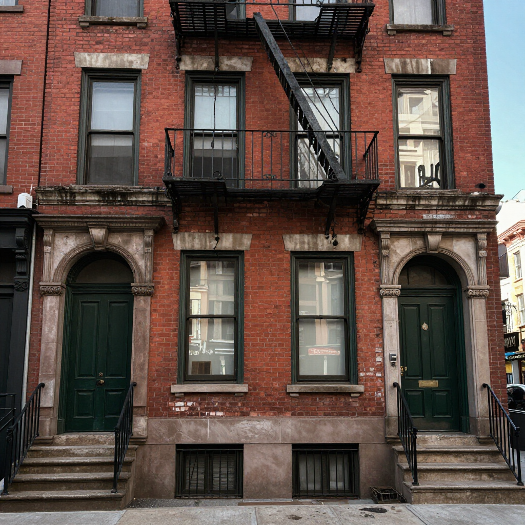 Red brick apartment building facade with fire escapes and two dark green doors