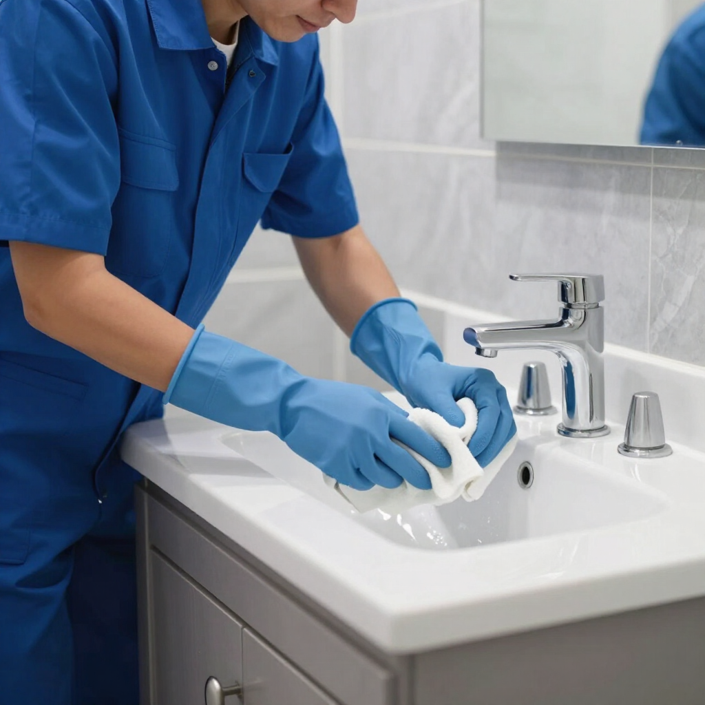 Person in blue scrubs and gloves cleaning a white bathroom sink with a sponge