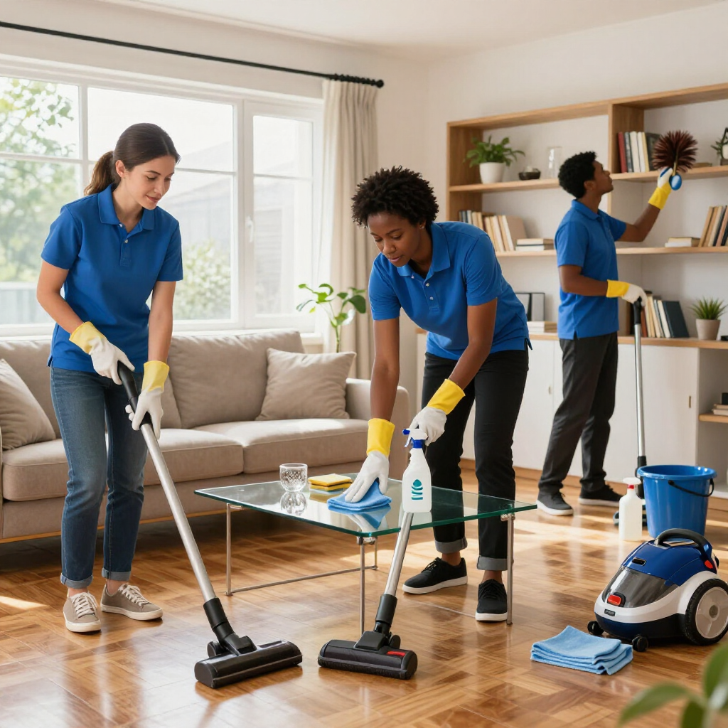 Two cleaners in blue uniforms vacuum and dust a bright living room while a third shelves books.